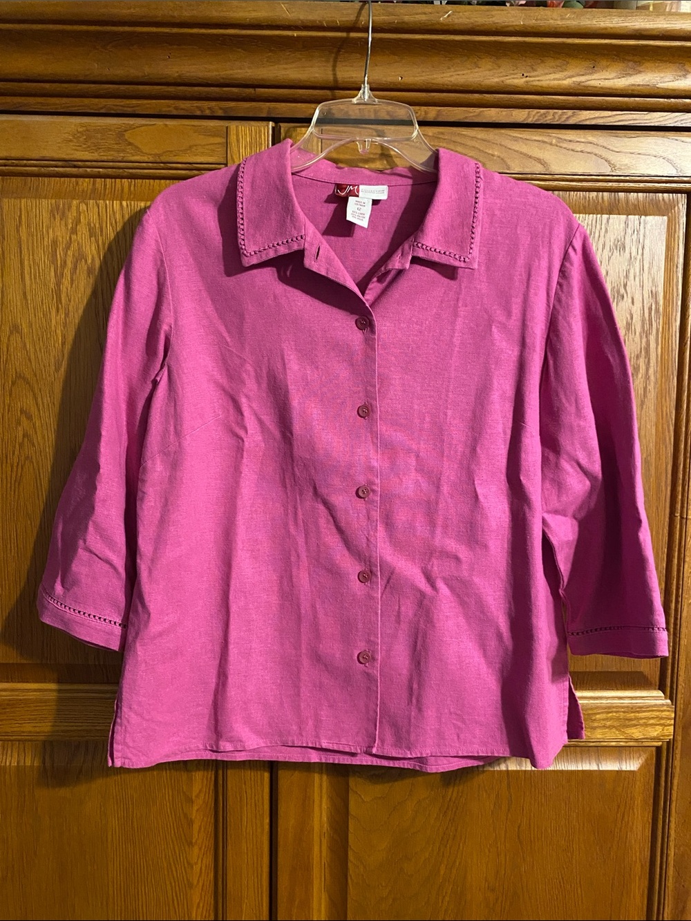JM Collection Linen Blend Fuchsia Button-Front Blouse